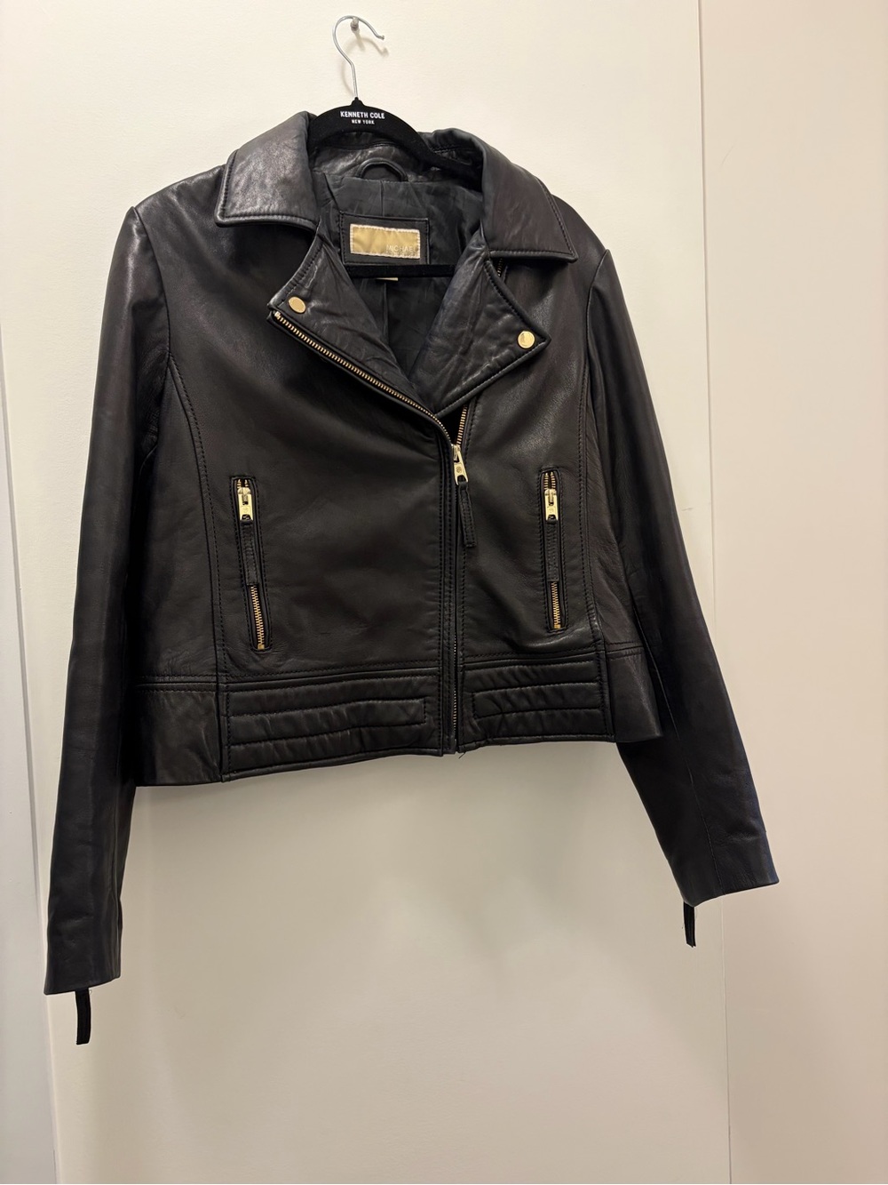 MICHAEL Michael Kors Black Lambs Leather Moto Jacket with Gold Hardware